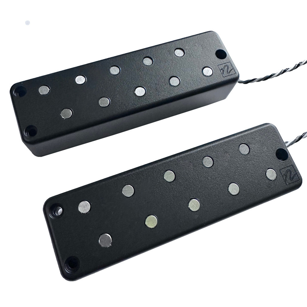top view of the Nordstrand PolyVox 5 Soapbar Bass Pickup, showing pole pieces and the black/white cable