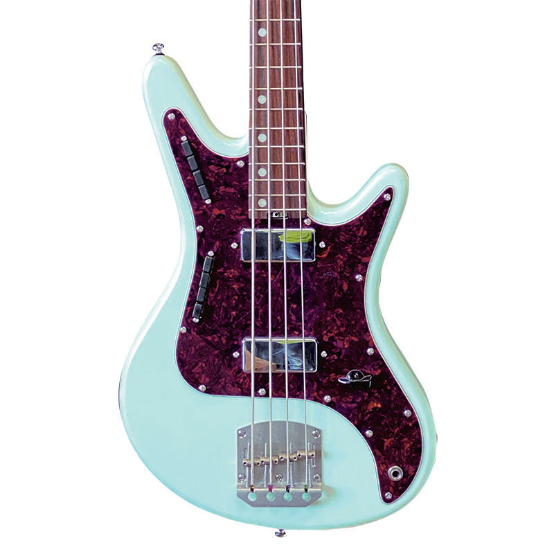 Front view of Nordstrand Acinonyx Bass V1 in Surf Green with Tortoise Pickguard