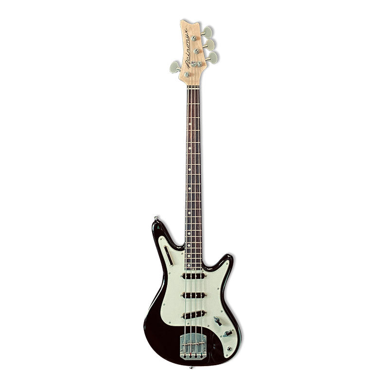 Front view of Nordstrand Acinonyx Bass V2 in Black with Parchment Pickguard