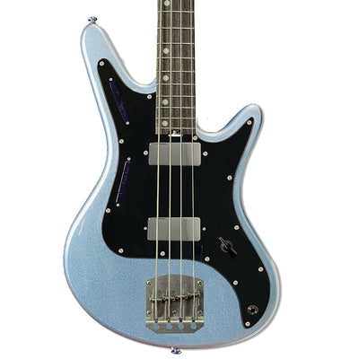 Front view of Nordstrand Acinonyx Bass V1 in Lake Placid Blue with Black Pickguard