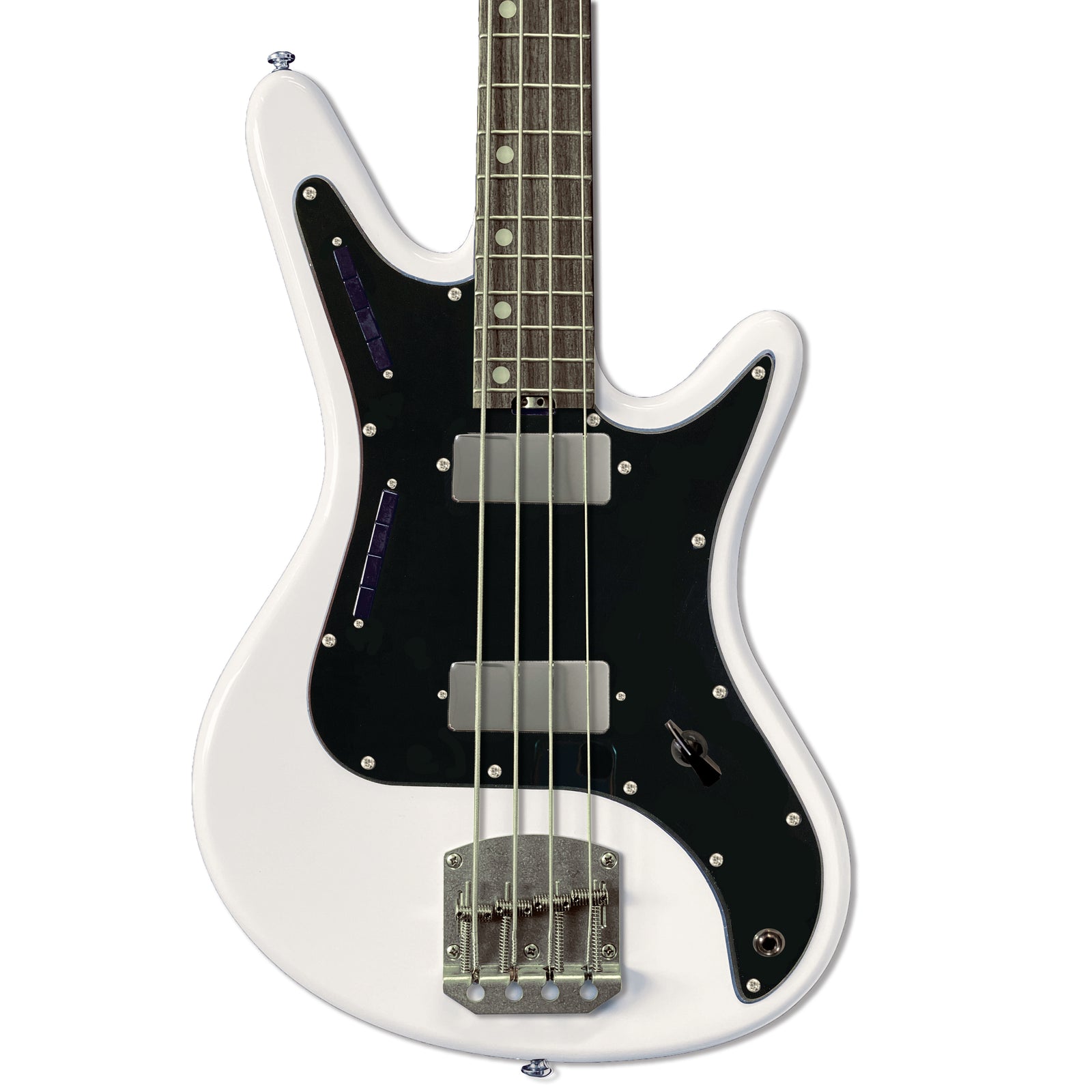 Front view of Nordstrand Acinonyx Bass V1 in Olympic White with Black Pickguard