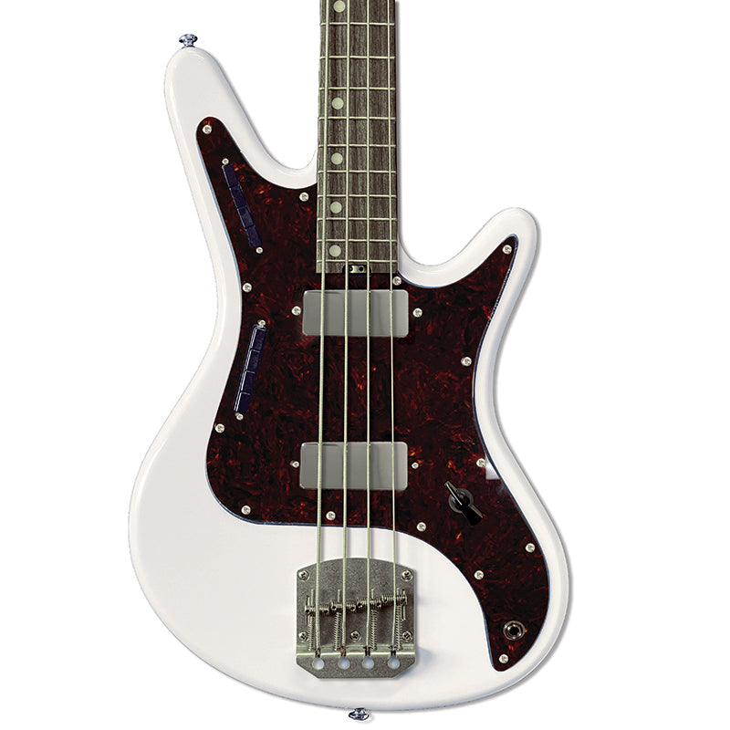 Front view of Nordstrand Acinonyx Bass V1 in Olympic White with Tortoise Pickguard