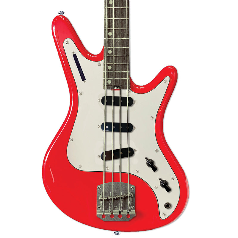 Front view of Nordstrand Acinonyx Bass V2 in Dakota Red with Parchment Pickguard
