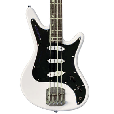 Front view of Nordstrand Acinonyx Bass V2 in Olympic White with Black Pickguard