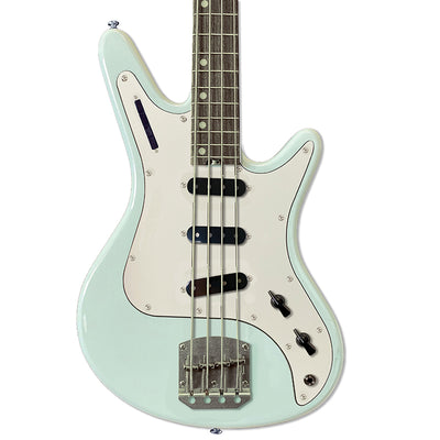 Front view of Nordstrand Acinonyx Bass V2 in Surf Green with White Pickguard