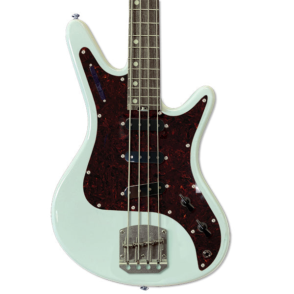 Front view of Nordstrand Acinonyx Bass V2 in Surf Green with Tortoise Pickguard