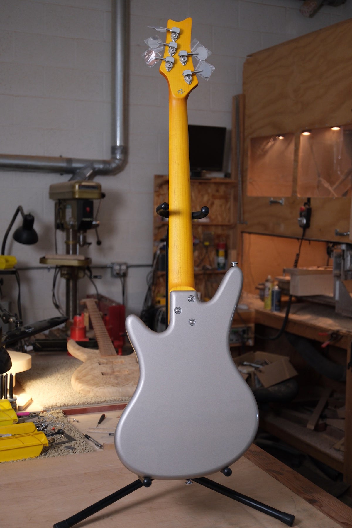 Acinonyx V Short Scale Bass Guitar - Inca Silver back photo showing the maple neck
