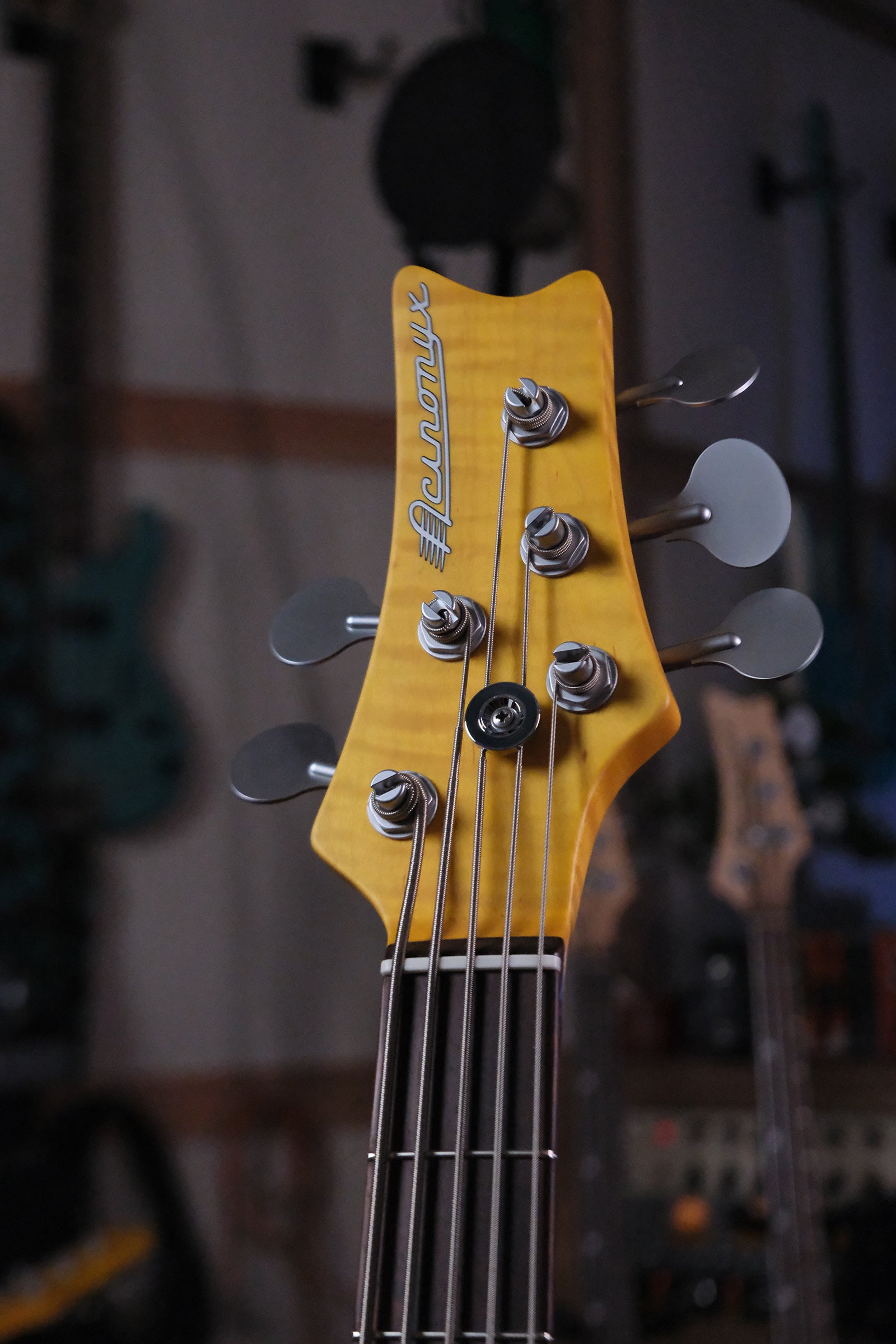 front view of the headstock on the Acinonyx V - Aged White
