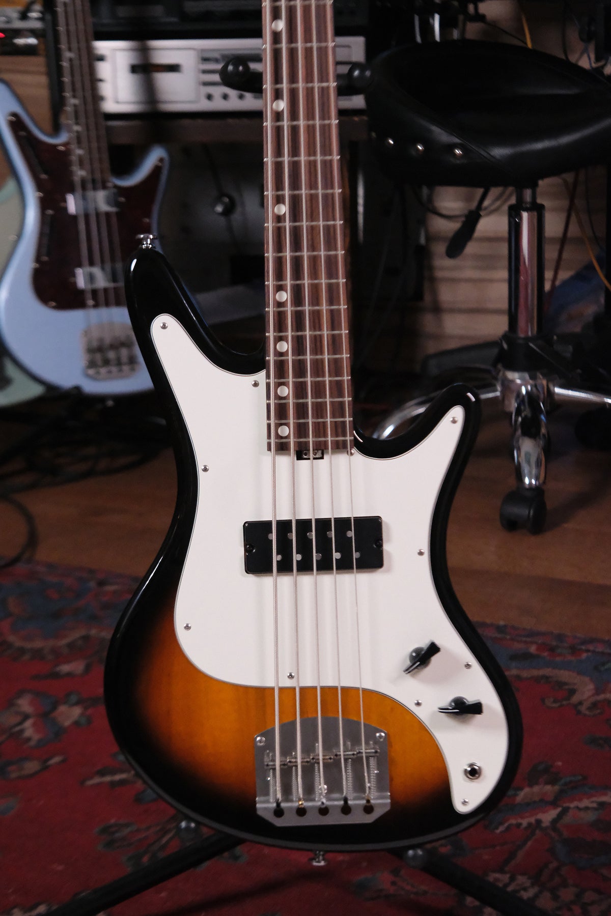Front body view of Acinonyx V - Two Tone Burst bass guitar