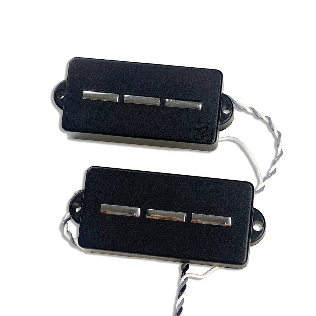 Top view of the Nordstrand Power Blade 6 Precision Bass Pickup showing each strings blade and the wires leaving the pickup shells