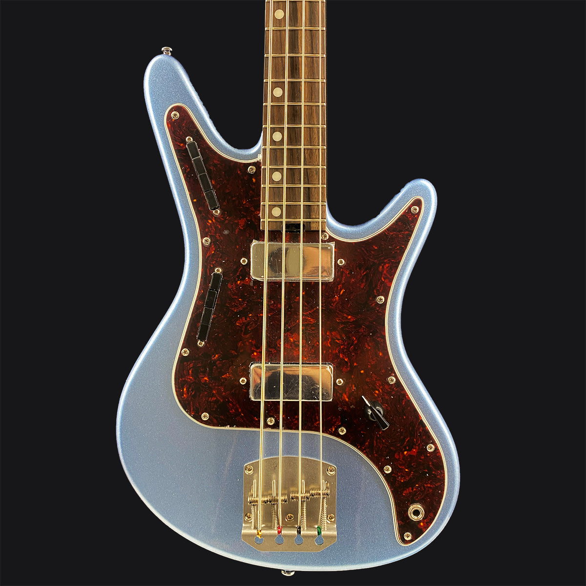 View of Tortoise Pickguard on Nordstrand Acinonyx Bass In Blue
