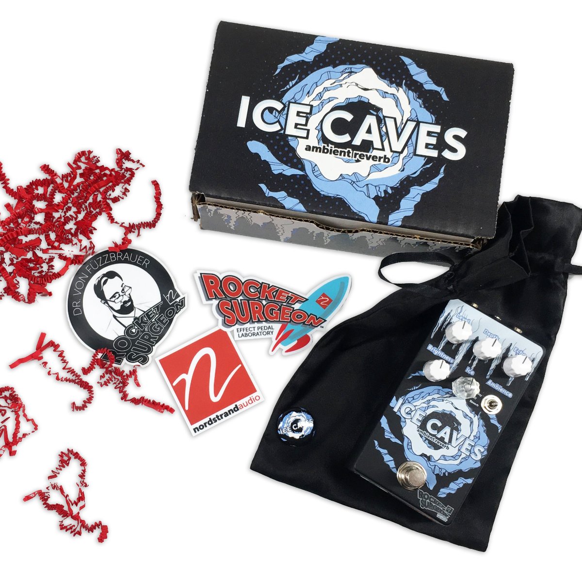 View of Nordstrand Rocket Surgeon Ice Caves Guitar Pedal with accessories and packaging