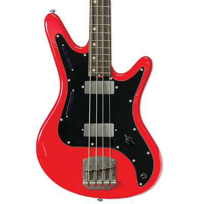 Front view of Nordstrand Acinonyx Bass V1 in Dakota Red with Black Pickguard
