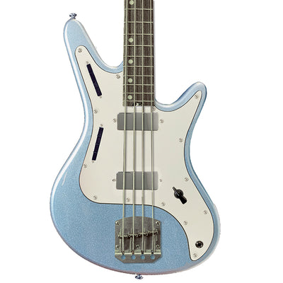 Front view of Nordstrand Acinonyx Bass V1 in Lake Placid Blue with Parchment Pickguard