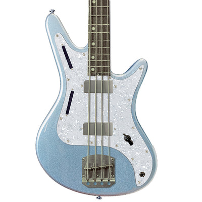 Front view of Nordstrand Acinonyx Bass V1 in Lake Placid Blue with Pearl Pickguard