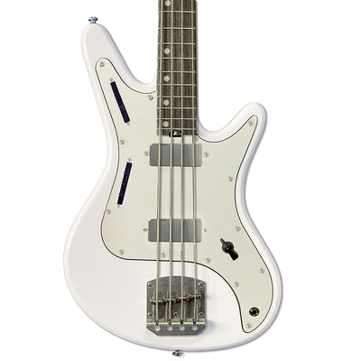 Front view of Nordstrand Acinonyx Bass V1 in Olympic White with Parchment Pickguard