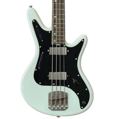 Front view of Nordstrand Acinonyx Bass V1 in Surf Green with Black Pickguard