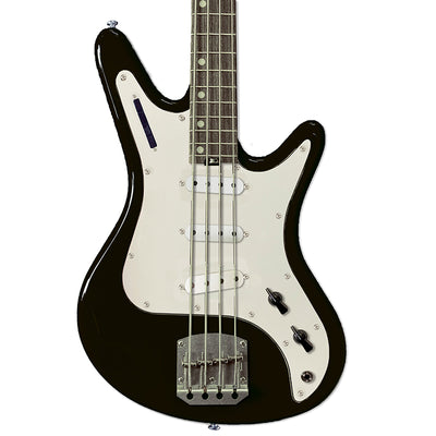 Front view of Nordstrand Acinonyx Bass V2 in Black with Parchment Pickguard