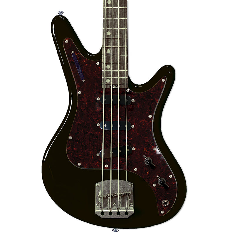 Front view of Nordstrand Acinonyx Bass V2 in Black with Tortoise Pickguard