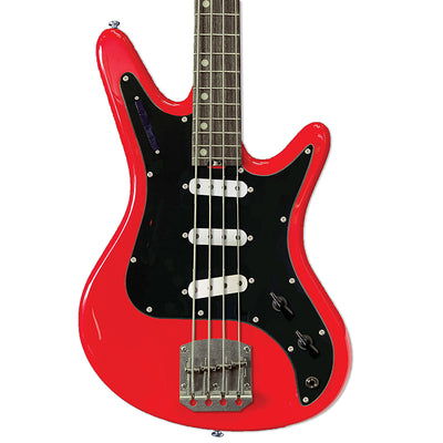 Front view of Nordstrand Acinonyx Bass V2 in Dakota Red with Black Pickguard