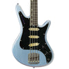 Front view of Nordstrand Acinonyx Bass V2 in Lake Placid Blue with Black Pickguard