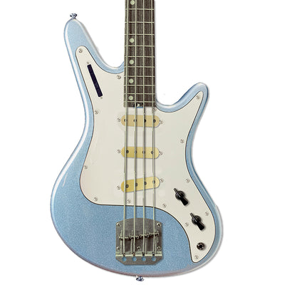 Front view of Nordstrand Acinonyx Bass V2 in Lake Placid Blue with Parchment Pickguard