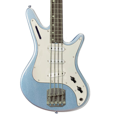 Front view of Nordstrand Acinonyx Bass V2 in Lake Placid Blue with Parchment Pickguard