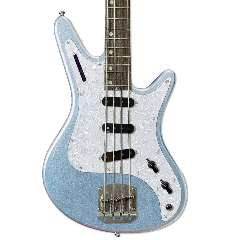 Front view of Nordstrand Acinonyx Bass V2 in Lake Placid Blue with Pearl Pickguard
