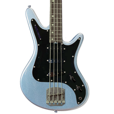 Front view of Nordstrand Acinonyx Bass V2 in Lake Placid Blue with Black Pickguard