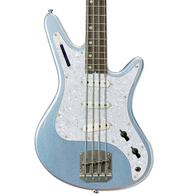 Front view of Nordstrand Acinonyx Bass V2 in Lake Placid Blue with Pearl Pickguard