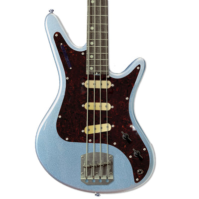 Front view of Nordstrand Acinonyx Bass V2 in Lake Placid Blue with Tortoise Pickguard