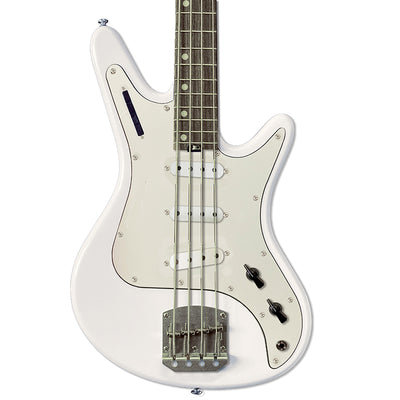 Front view of Nordstrand Acinonyx Bass V2 in Olympic White with Parchment Pickguard