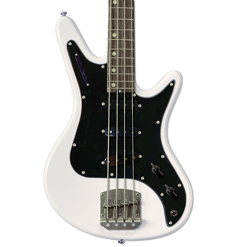 Front view of Nordstrand Acinonyx Bass V2 in Olympic White with Black Pickguard