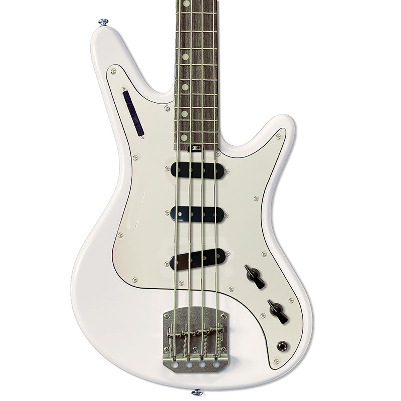 Front view of Nordstrand Acinonyx Bass V2 in Olympic White with Parchment Pickguard