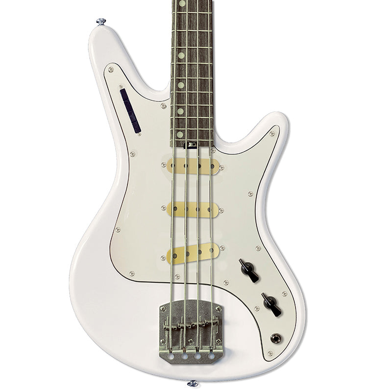 Front view of Nordstrand Acinonyx Bass V2 in Olympic White with Parchment Pickguard