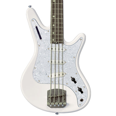 Front view of Nordstrand Acinonyx Bass V2 in Olympic White with Pearl Pickguard