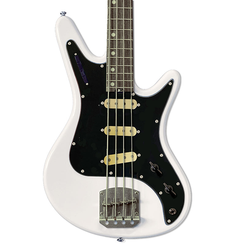 Front view of Nordstrand Acinonyx Bass V2 in Olympic White with Black Pickguard
