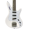 Front view of Nordstrand Acinonyx Bass V2 in Olympic White with Pearl Pickguard