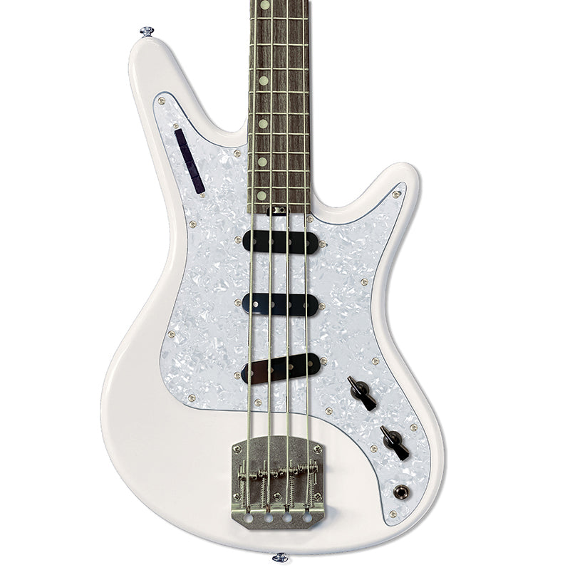 Front view of Nordstrand Acinonyx Bass V2 in Olympic White with Pearl Pickguard