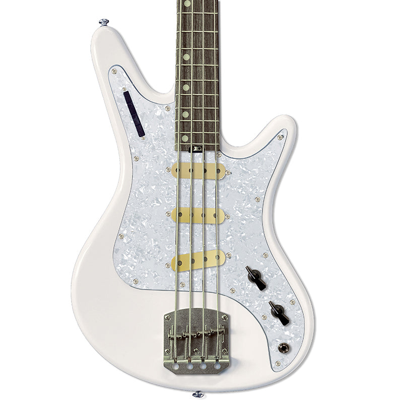 Front view of Nordstrand Acinonyx Bass V2 in Olympic White with Pearl Pickguard