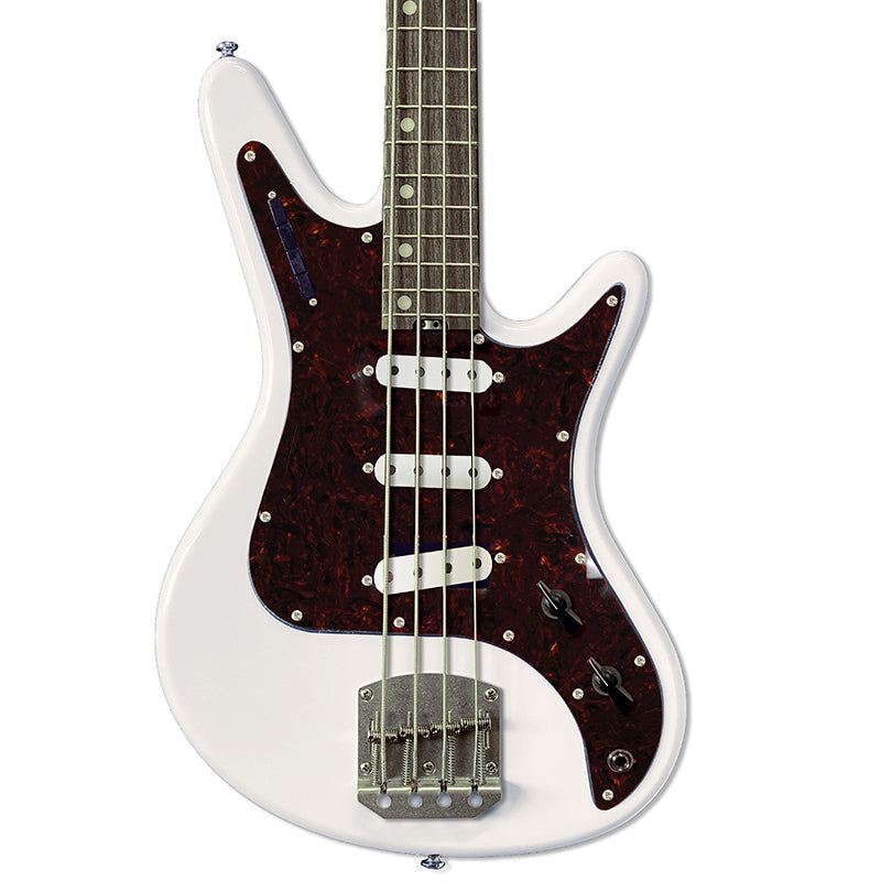 Front view of Nordstrand Acinonyx Bass V2 in Olympic White with Tortoise Pickguard