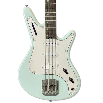 Front view of Nordstrand Acinonyx Bass V2 in Surf Green with White Pickguard