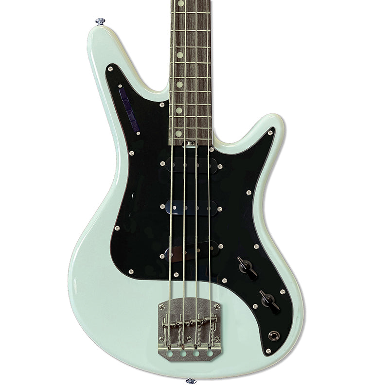 Front view of Nordstrand Acinonyx Bass V2 in Surf Green with Black Pickguard