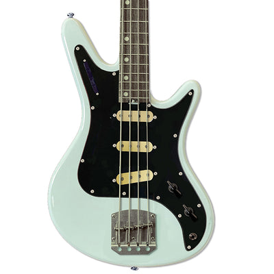Front view of Nordstrand Acinonyx Bass V2 in Surf Green with Black Pickguard