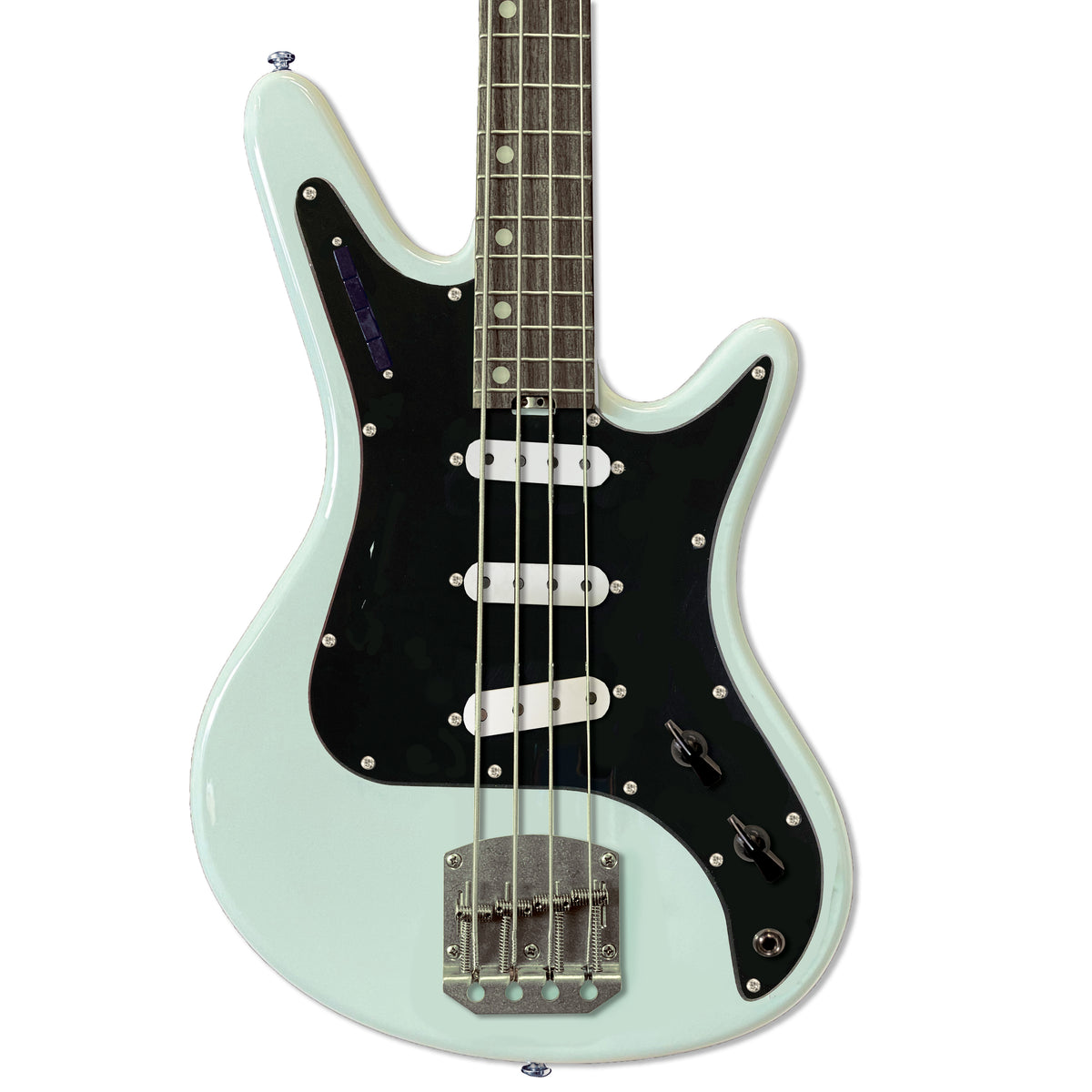 Front view of Nordstrand Acinonyx Bass V2 in Surf Green with Black Pickguard