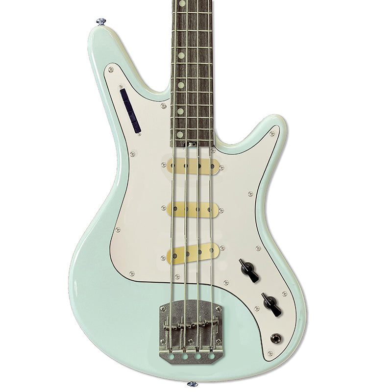 Front view of Nordstrand Acinonyx Bass V2 in Surf Green with White Pickguard