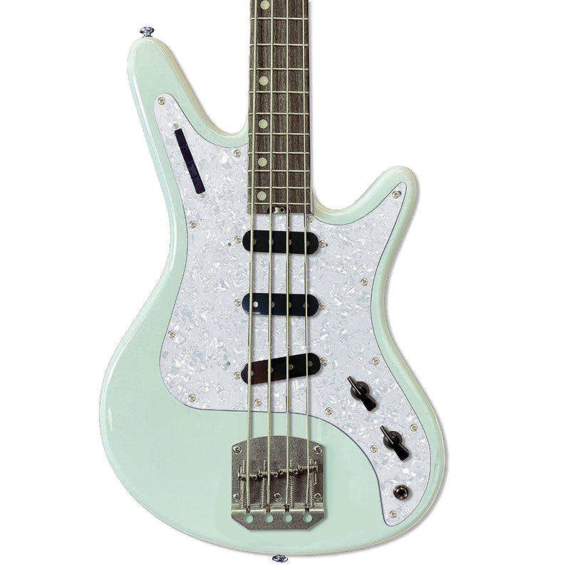 Front view of Nordstrand Acinonyx Bass V2 in Surf Green with Pearl Pickguard