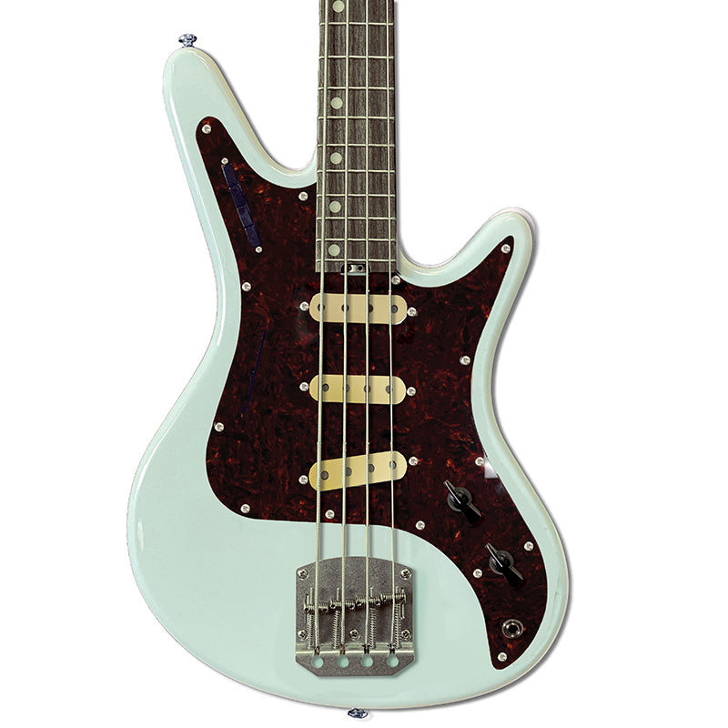 Front view of Nordstrand Acinonyx Bass V2 in Surf Green with Tortoise Pickguard