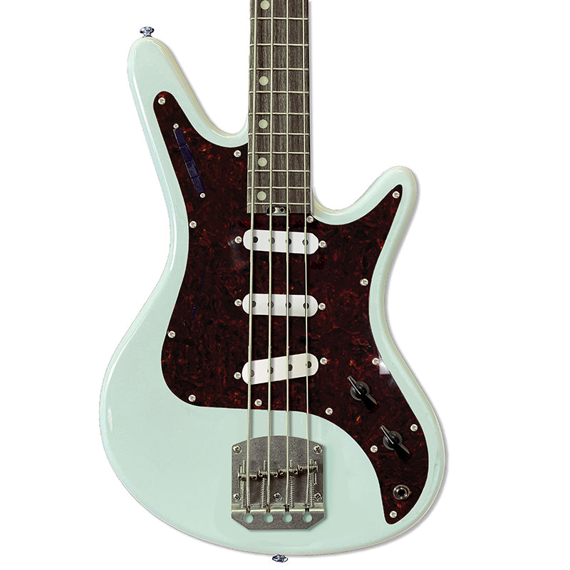 Front view of Nordstrand Acinonyx Bass V2 in Surf Green with Tortoise Pickguard